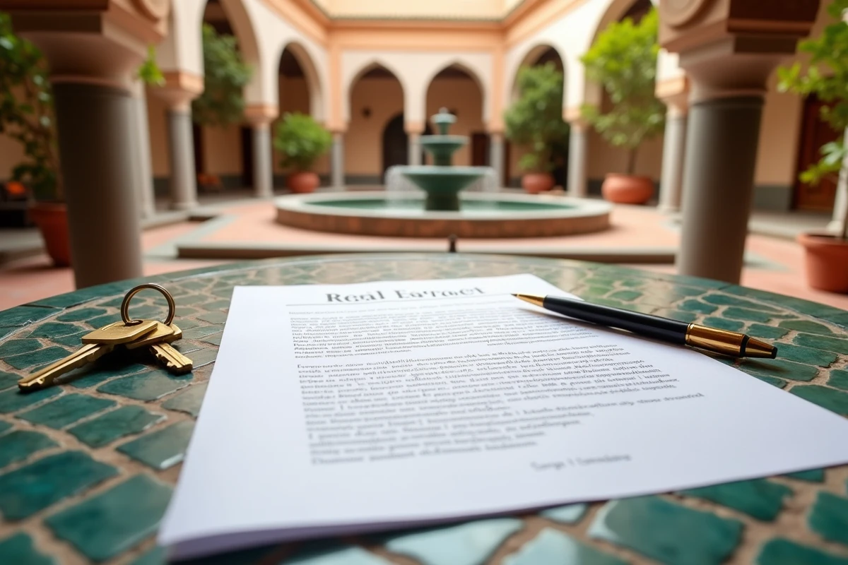 Contrat immobilier et clés d'appartement sur une table en mosaïque dans un riad de Marrakech symbolisant l'achat immobilier