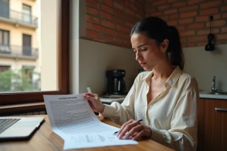 Femme vérifiant un contrat de location d'appartement à Barcelone pour éviter les arnaques