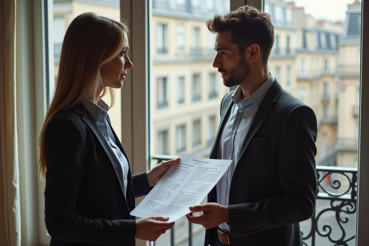Homme jeune discutant avec agent immobilier dans un appartement