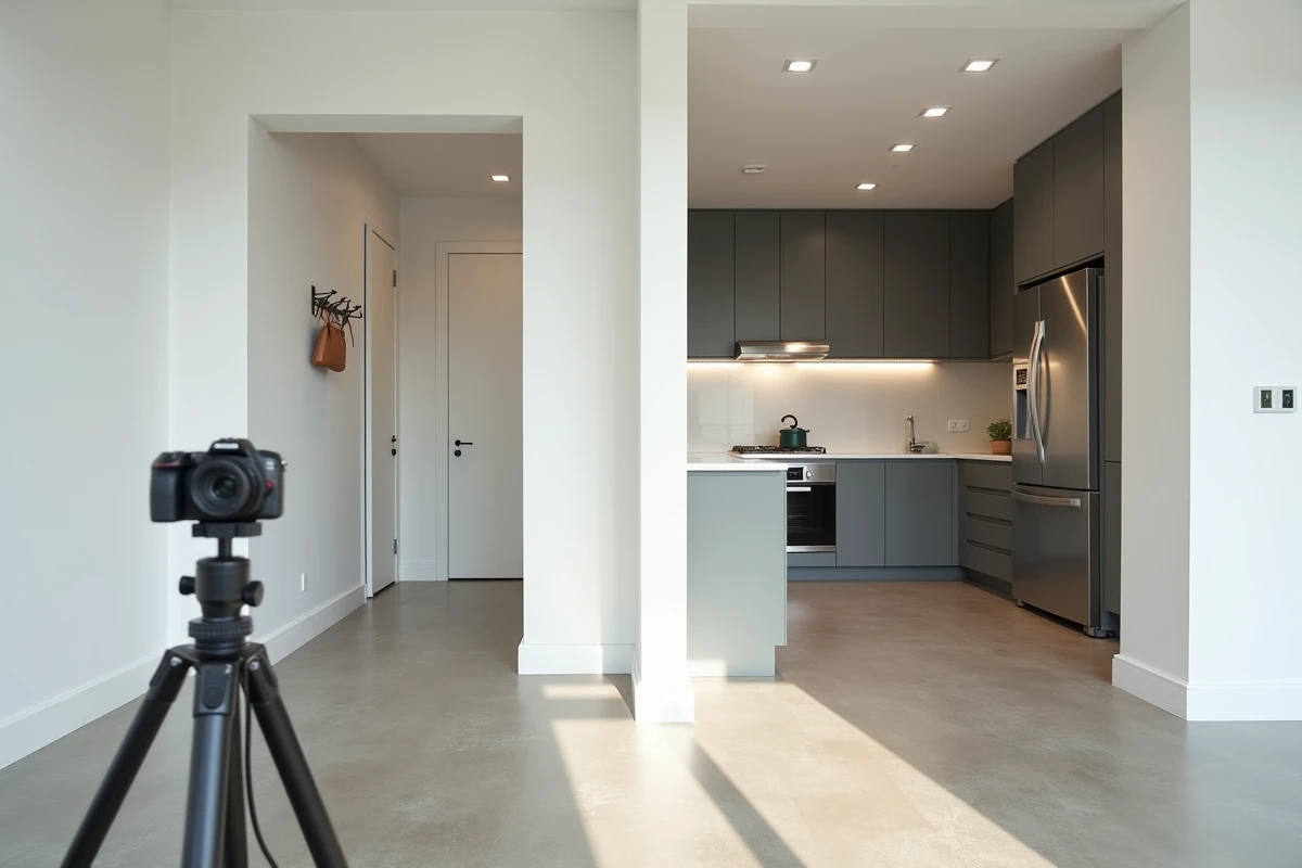 Couloir et cuisine d'appartement moderne photographiés en grand angle pour la création d'une visite virtuelle immobilière