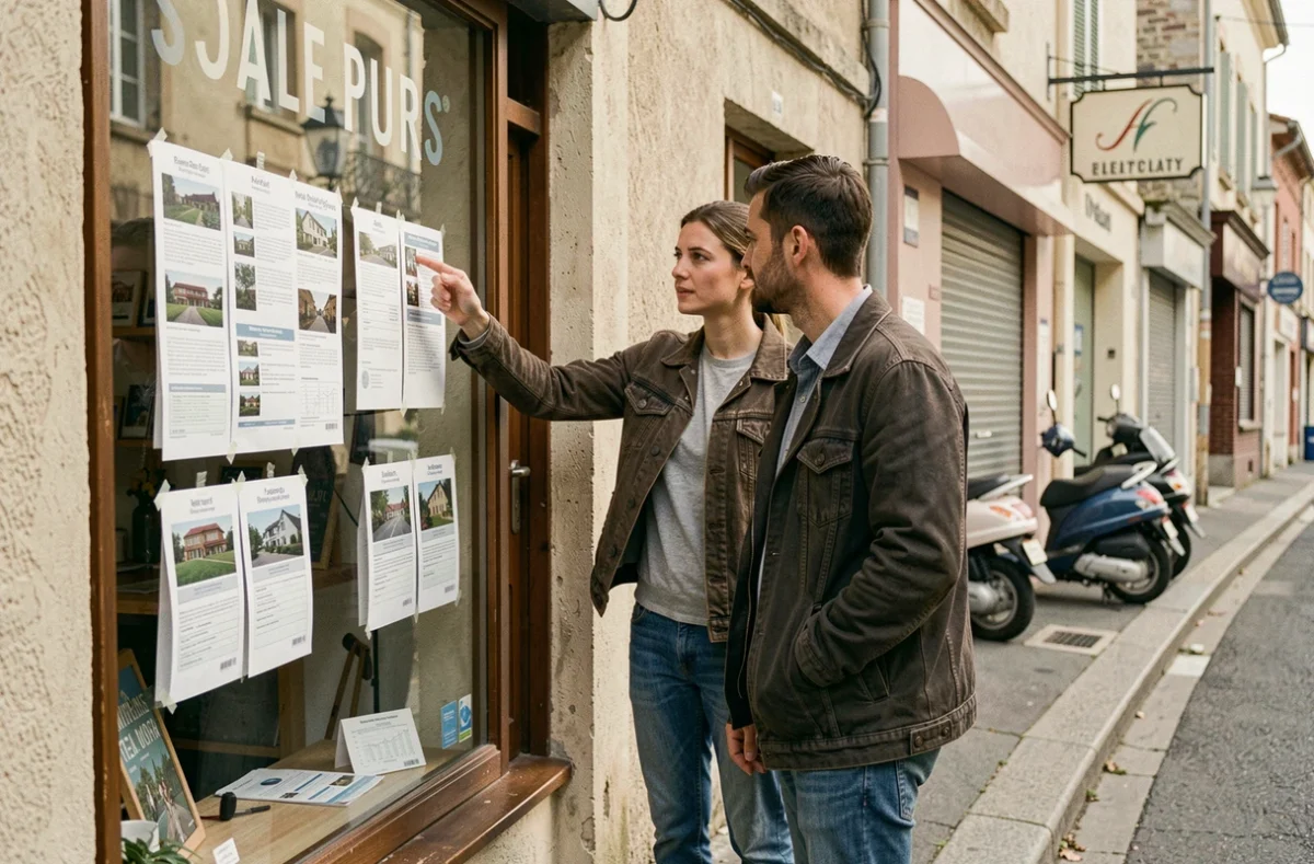Couple de nouveaux arrivants devant une agence immobilière à Blois, examinant les annonces pour choisir leur quartier