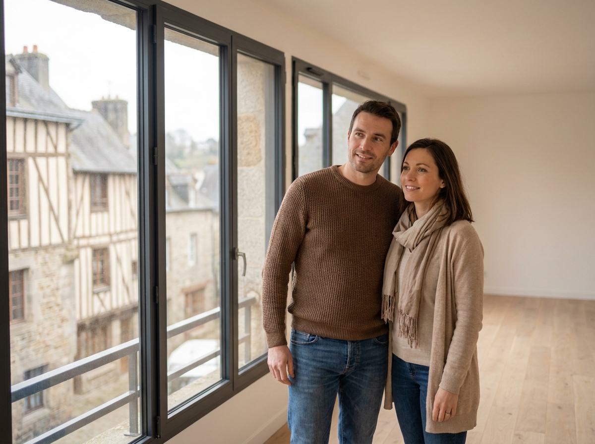 Couple visitant un appartement neuf dans un programme immobilier à Dinan en Bretagne