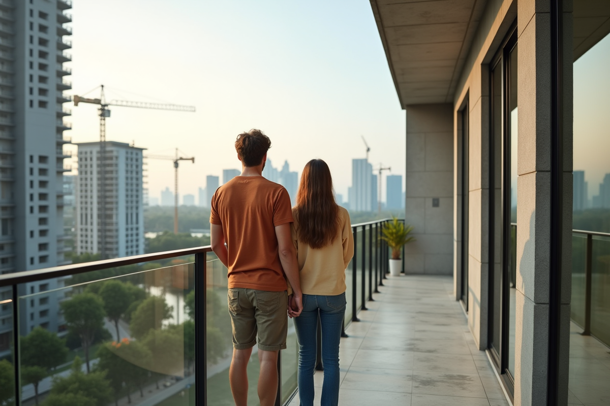 Jeune couple regardant la ville depuis un balcon