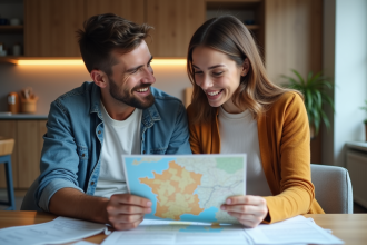 Jeune couple regardant une carte de France dans leur appartement