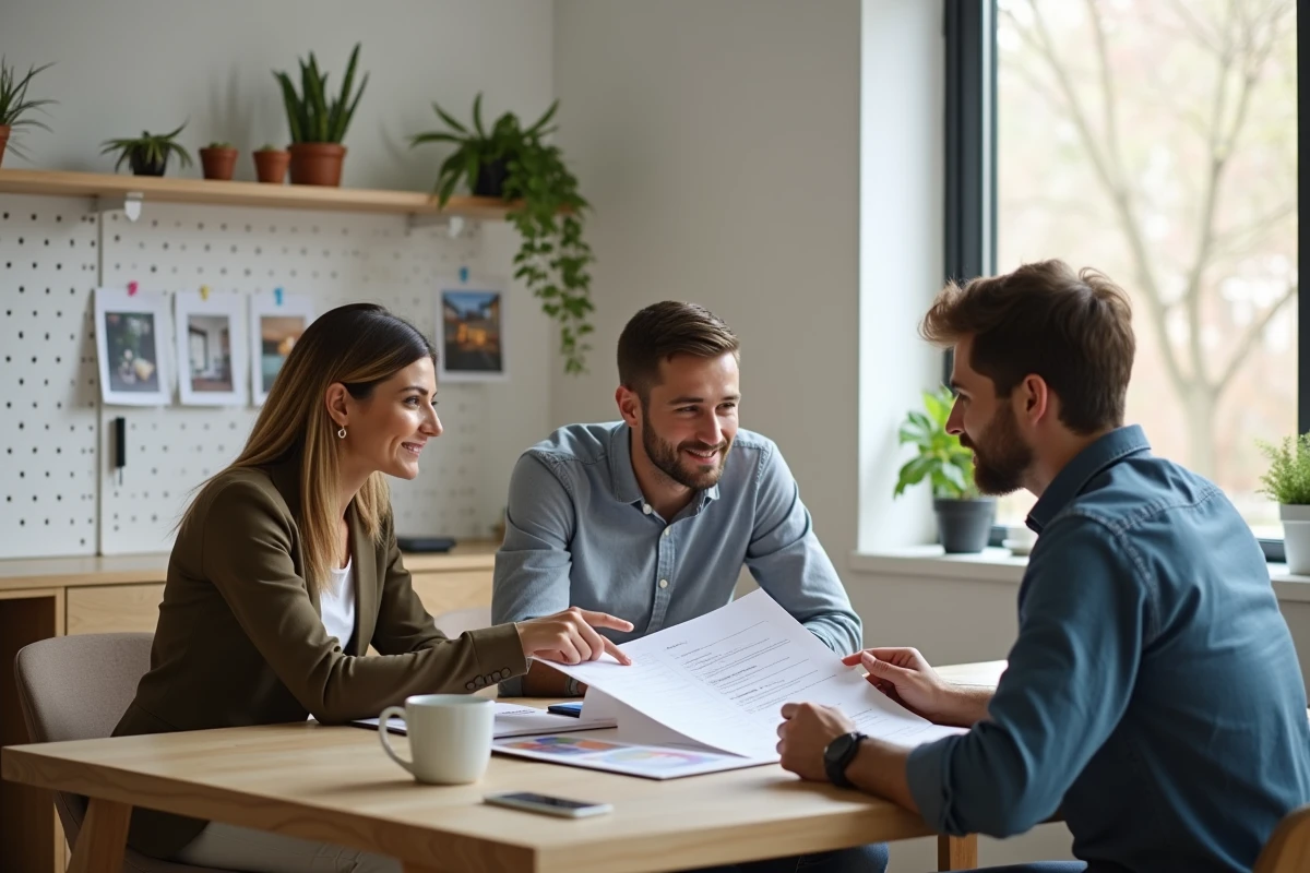 Couple discutant d'un plan de financement de rénovation avec un conseiller dans une agence moderne