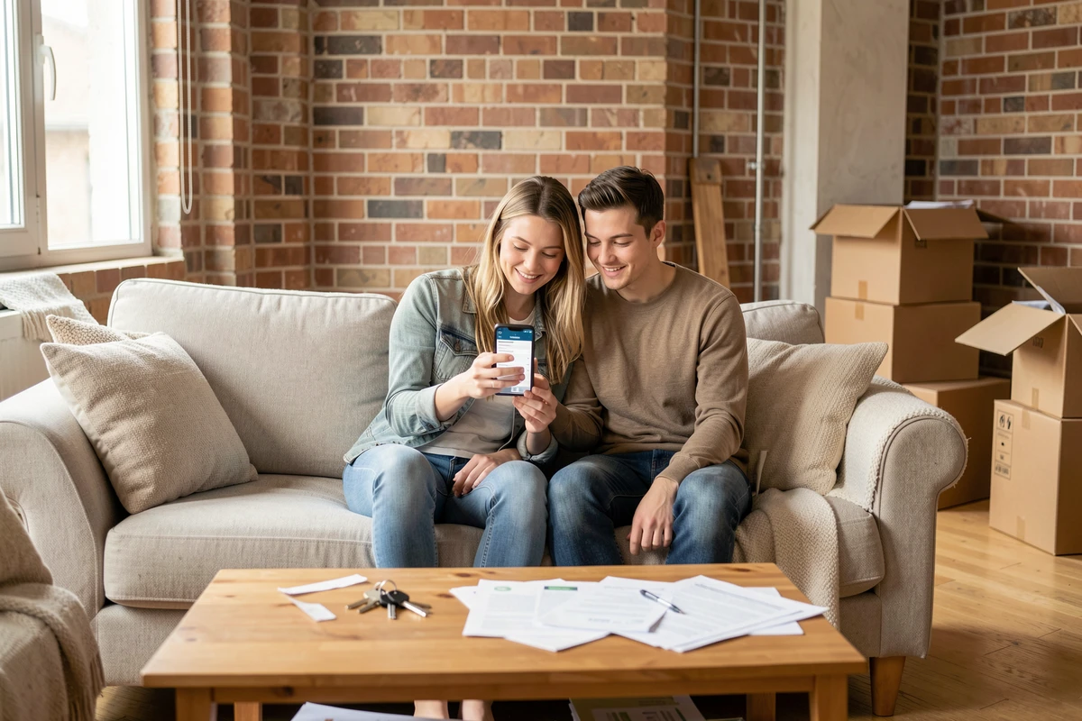 Couple consultant leur dossier immobilier sur smartphone dans un appartement en cours d'emménagement
