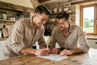 Couple examinant un contrat de location dans une maison normande en 2026