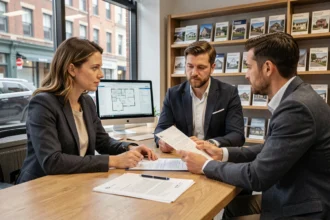 Couple signant un contrat de location-vente avec un agent immobilier dans une agence moderne