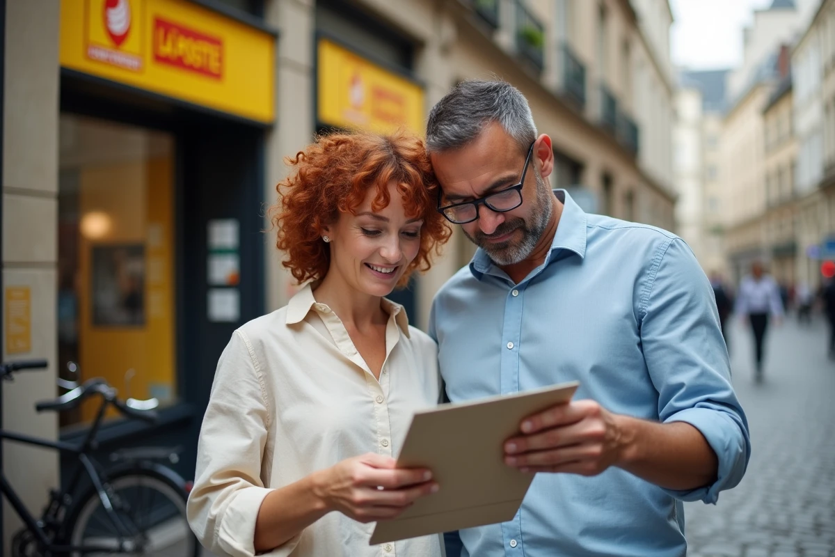 Un couple hésitant devant une agence La Poste tenant une brochure de crédit immobilier