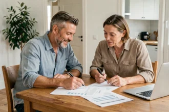 Couple consultant des documents de prêt immobilier CASDEN et PTZ sur une table en bois dans un appartement moderne