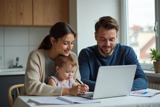 Jeune couple avec enfant remplissant des formulaires à la maison
