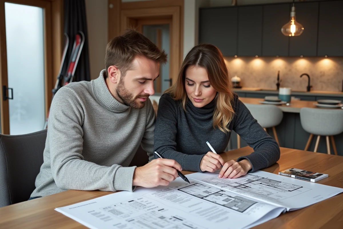 Couple étudiant les plans d'un appartement à vendre aux Menuires lors d'une visite d'investissement immobilier en montagne