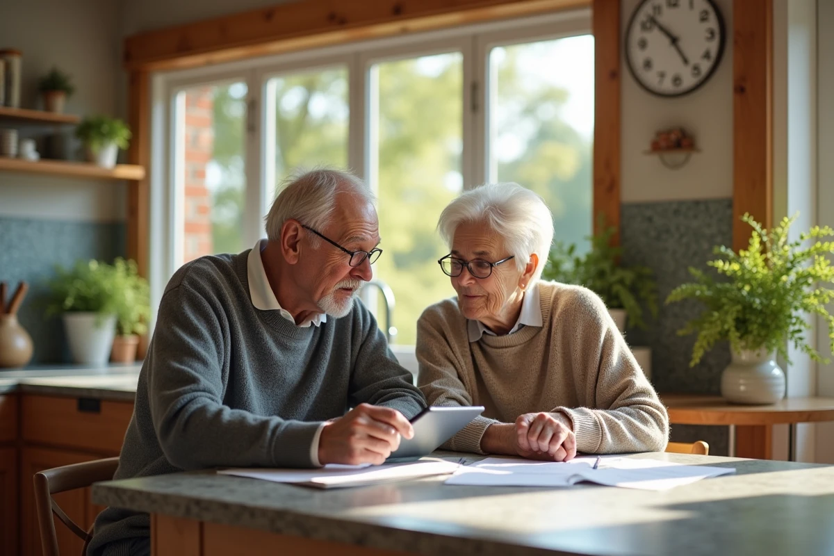 Couple âgé discutant à la cuisine ensoleillée