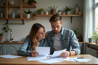Jeune couple concentré sur des documents à la maison