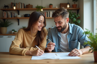 Jeune couple examine des documents de prêt immobilier à la maison