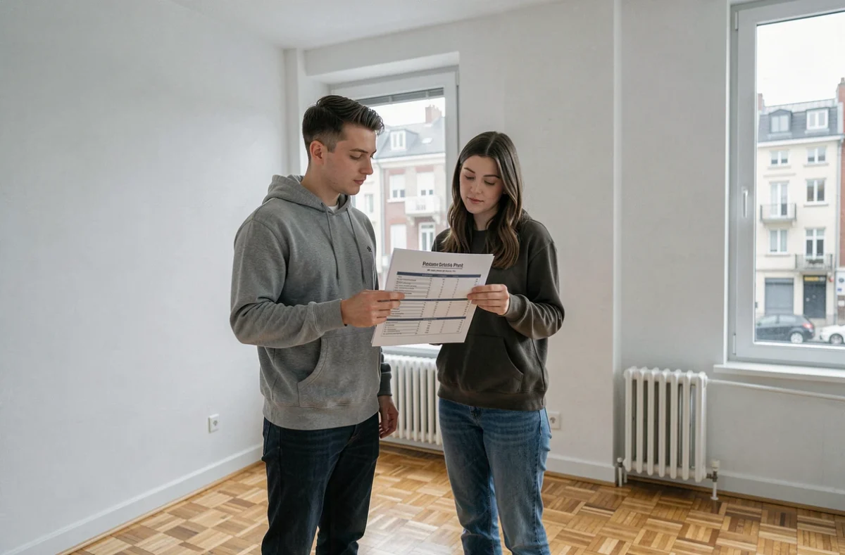 Couple de locataires comparant les offres de location entre agence immobilière et particulier dans un appartement vide