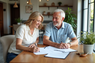 Couple souriant à la maison en vacances avec contrats