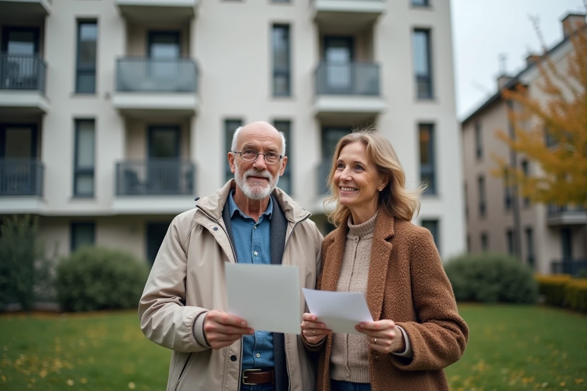 Couple devant un immeuble de logement social tenant une lettre d'avis favorable de la commission d'attribution