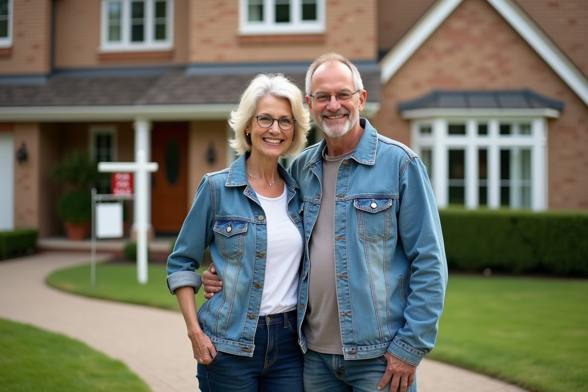 Couple souriant devant une maison avec panneau a vendre
