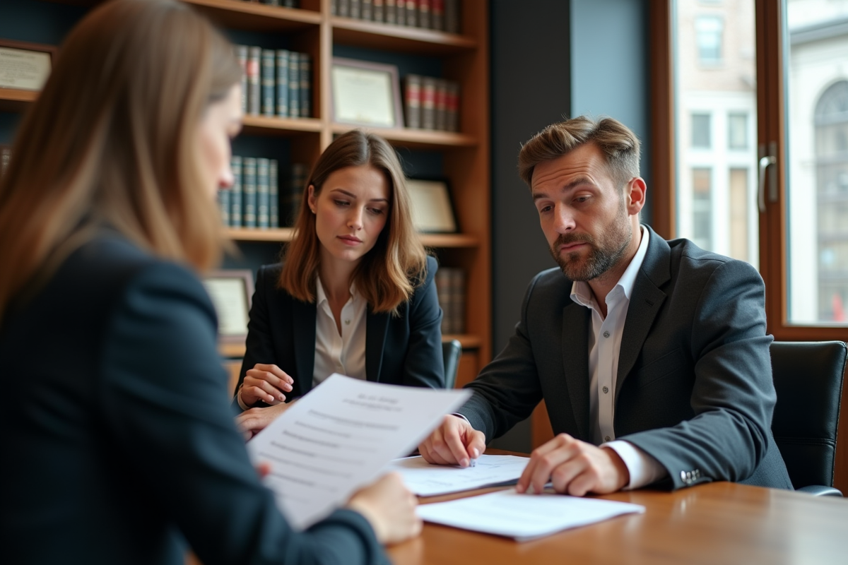 Jeune couple en réunion avec un notaire pour un achat immobilier