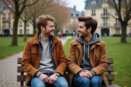 Jeune couple souriant dans un parc en Île-de-France