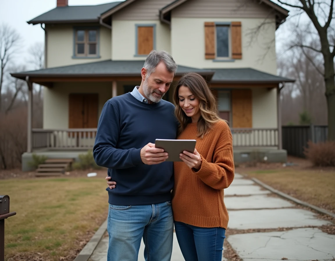Couple consultant un projet de rénovation sur tablette devant une maison abandonnée en banlieue, projet d'investissement immobilier rentable