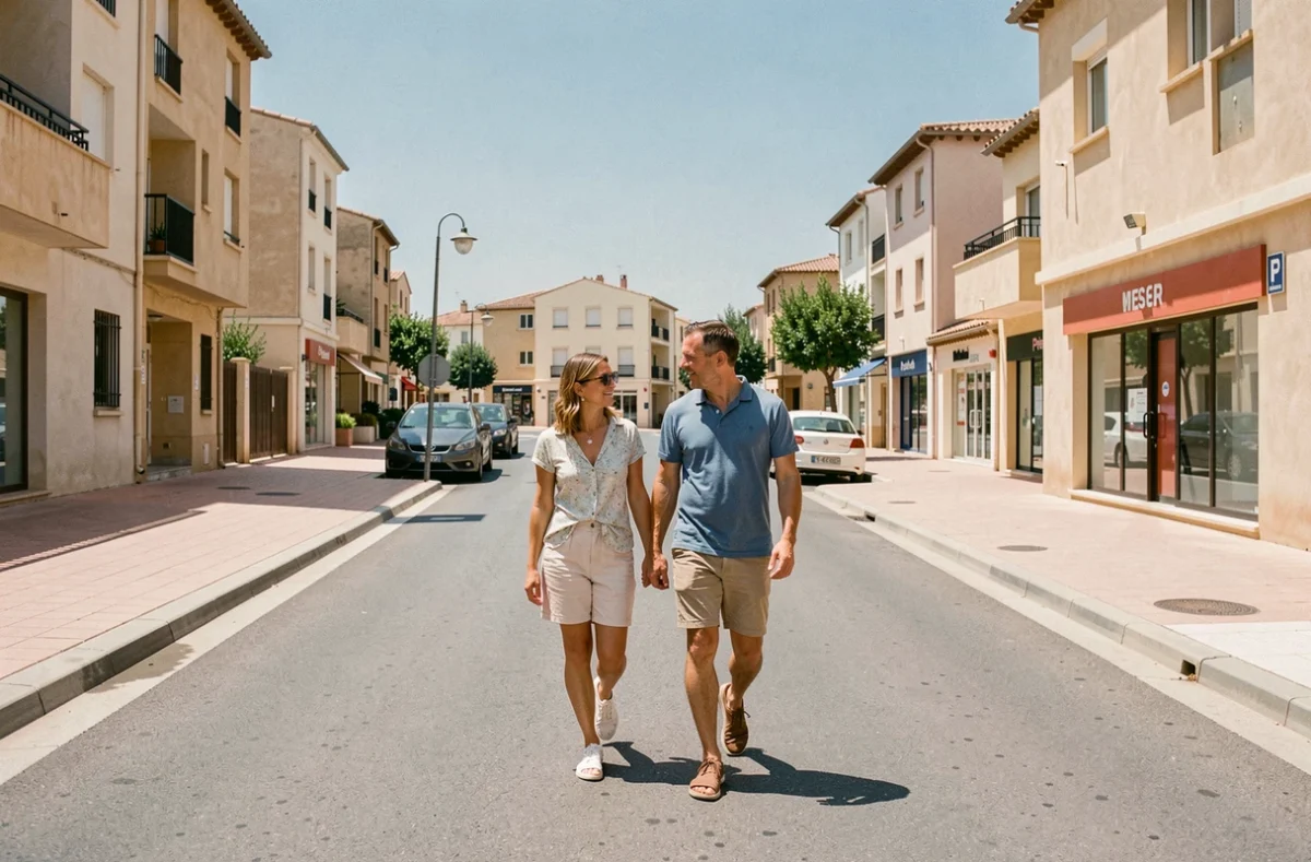 Couple se promenant dans une avenue d'un quartier résidentiel en périphérie de Nîmes, immobilier et qualité de vie en banlieue