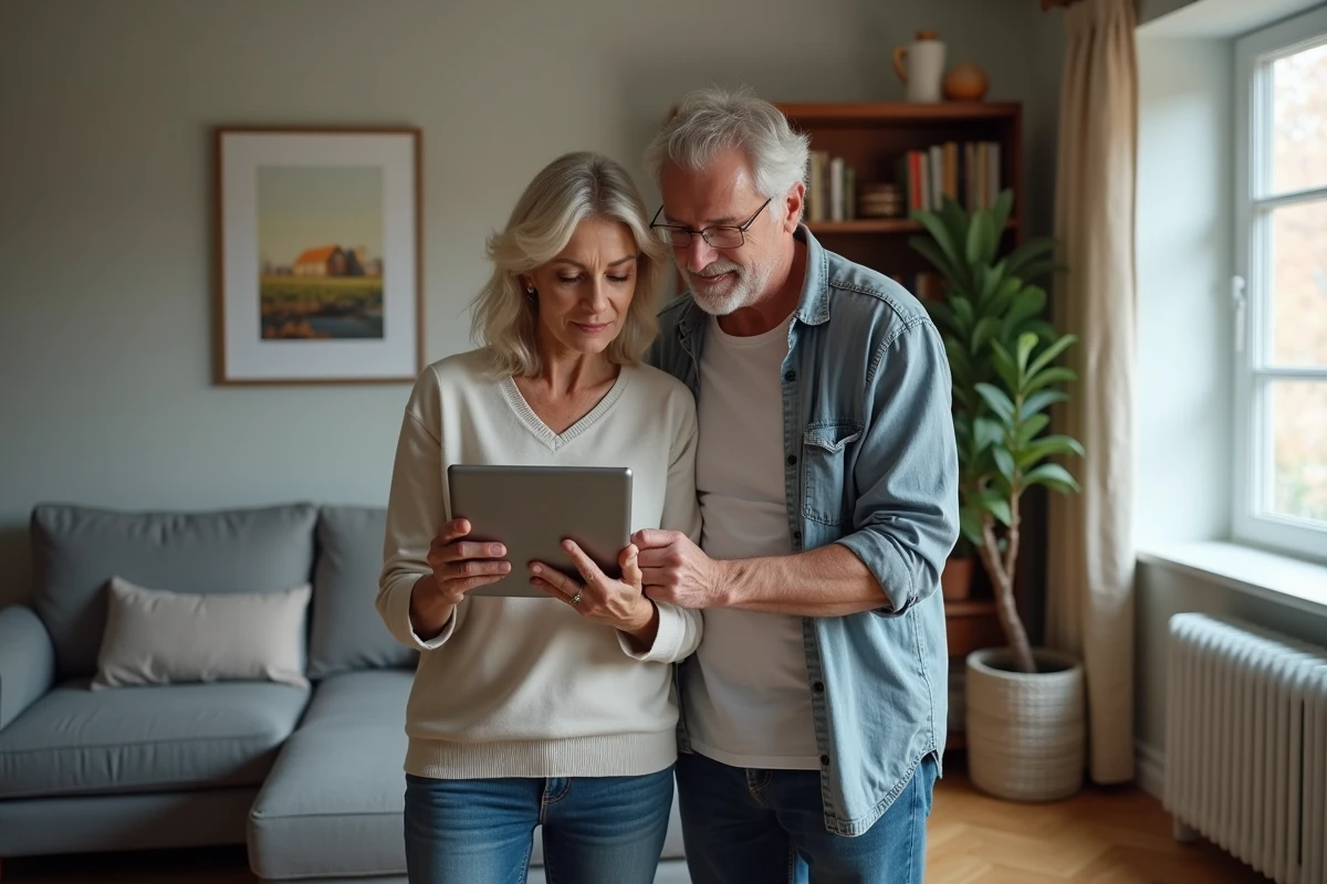 Couple de propriétaires consultant ensemble une estimation immobilière en ligne avant de vendre leur maison