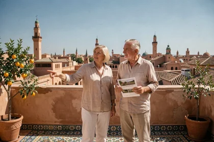 Couple de retraités européens sur une terrasse de riad à Marrakech consultant une brochure immobilière avec vue sur la médina