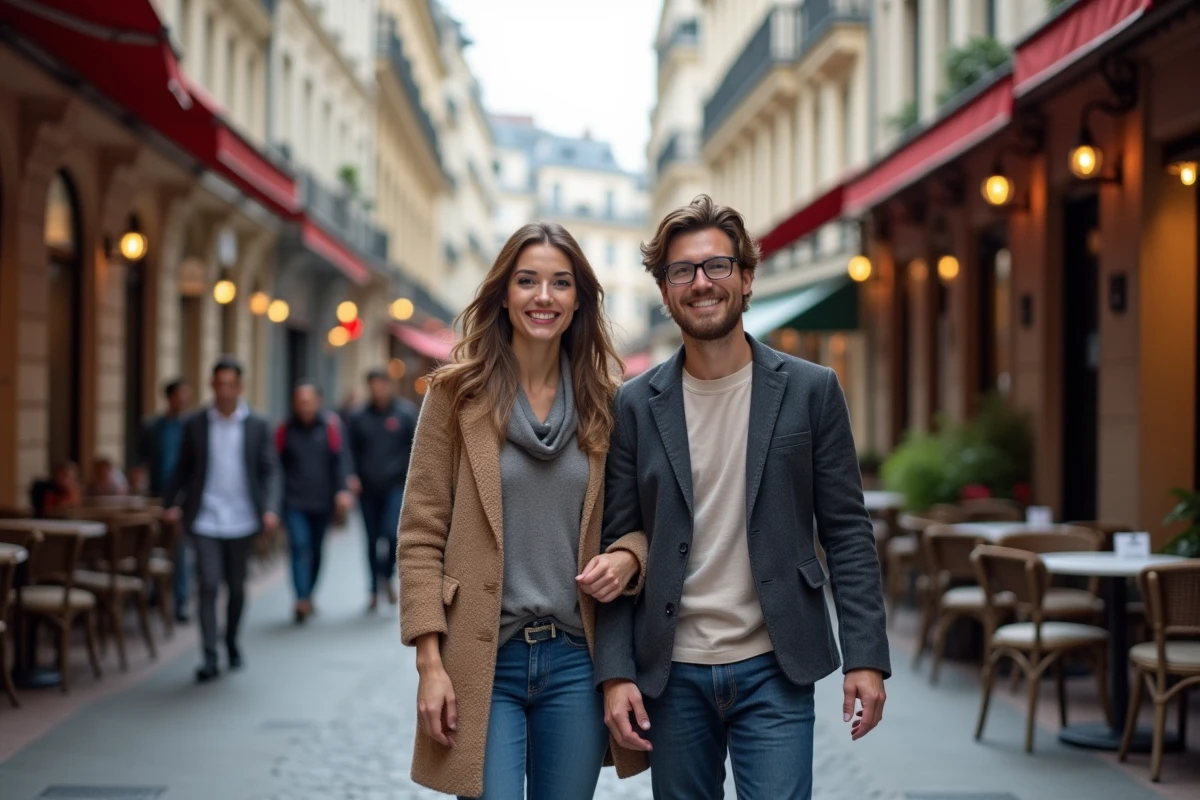 Couple en tenue casual dans une rue animée de Paris