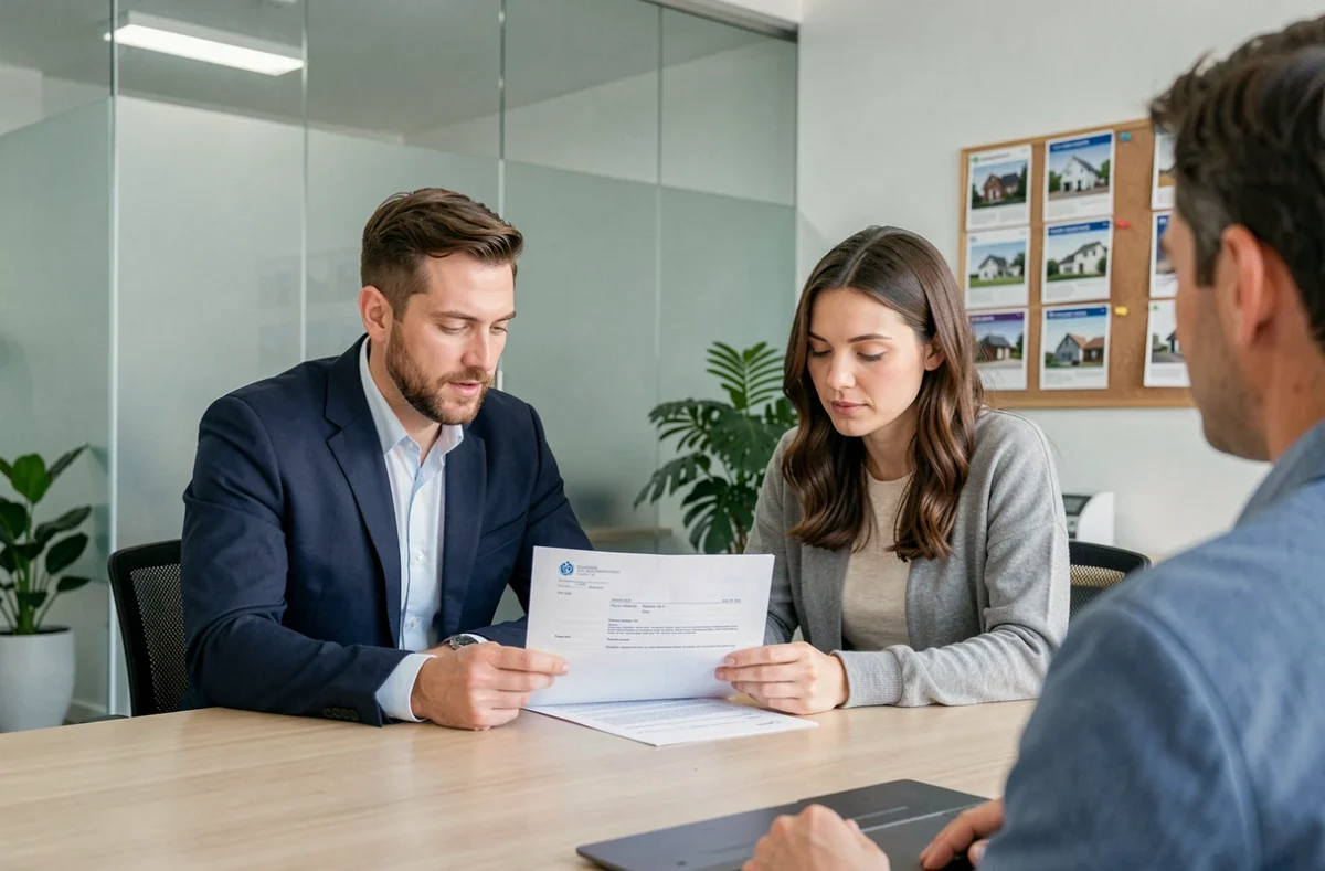 Couple signant un compromis de vente sans prêt immobilier dans une agence, représentant les délais et conditions légales de la transaction
