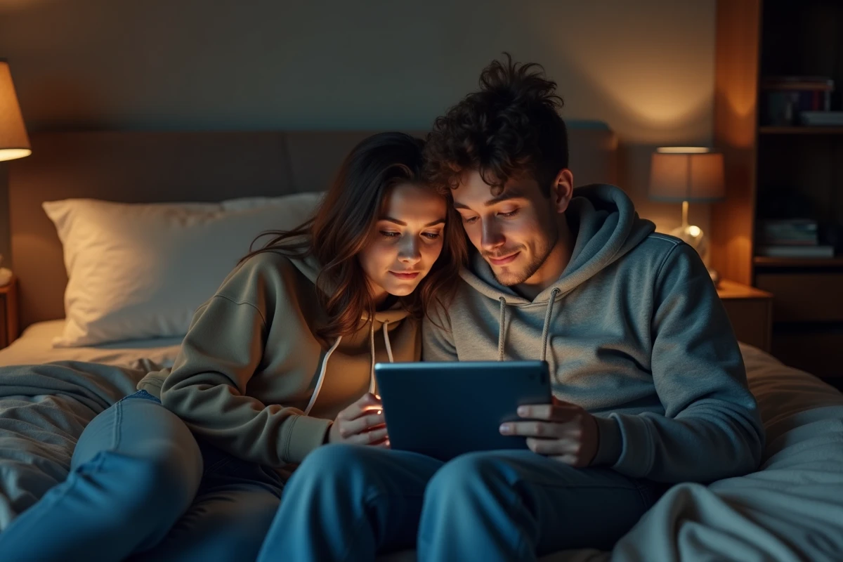 Couple regardant un film en streaming sur une tablette dans leur chambre