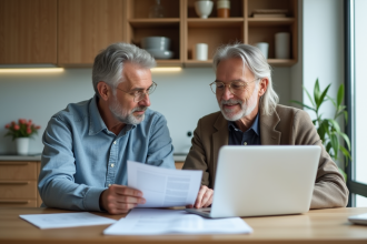 Couple d'adultes discutant de documents dans une cuisine lumineuse