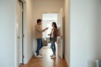 Couple visitant un appartement T3 et comptant les chambres dans le couloir
