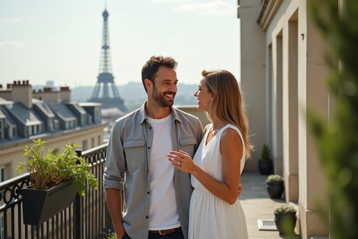 Couple visitant une terrasse d'appartement parisien avec vue sur la Tour Eiffel lors d'une recherche immobilière