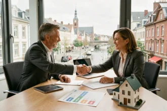 Consultation avec un courtier en prêt immobilier en Moselle, vue d'ensemble d'un bureau professionnel avec documents et comparatifs de taux