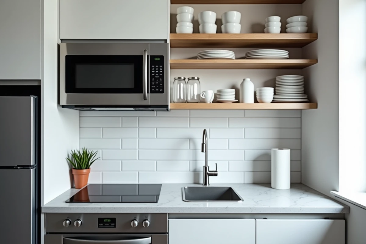Cuisine équipée de location meublée avec plaques, micro-ondes et vaisselle complète