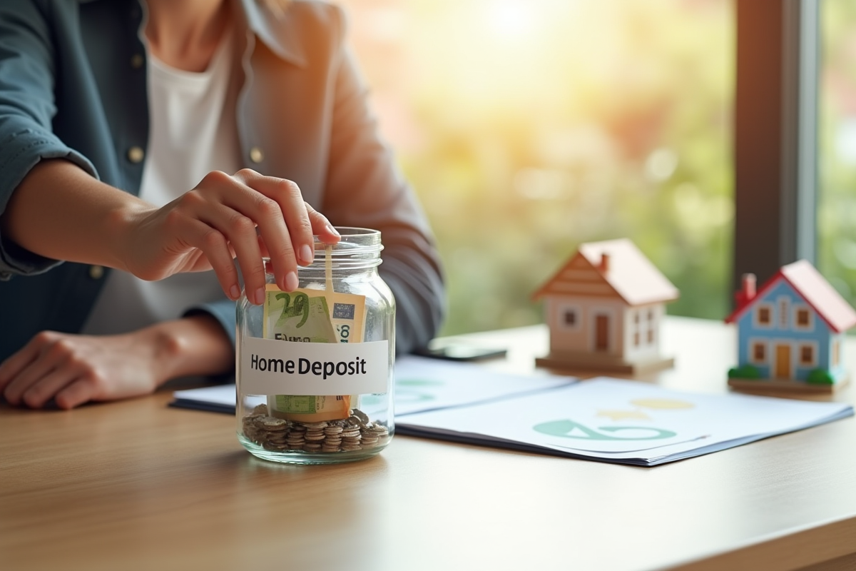 Main déposant des billets euros sur une table en bois avec maison miniature
