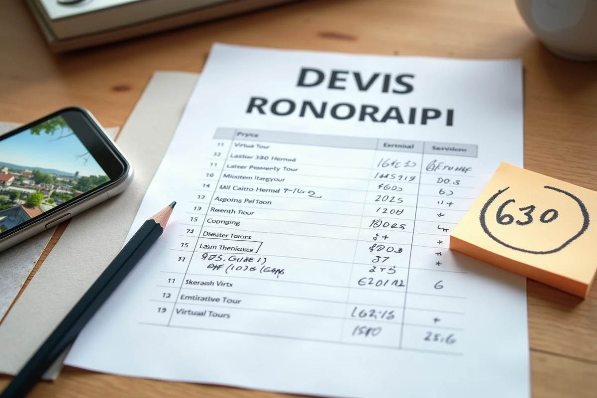 Vue aérienne d'un devis imprimé pour visite virtuelle immobilière avec annotations manuscrites et smartphone sur bureau en bois