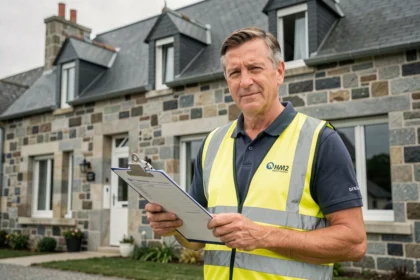 Diagnostiqueur immobilier professionnel devant une maison en pierre bretonne dans le Finistère
