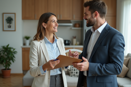 Femme d'âge moyen discutant avec un professionnel dans un salon moderne