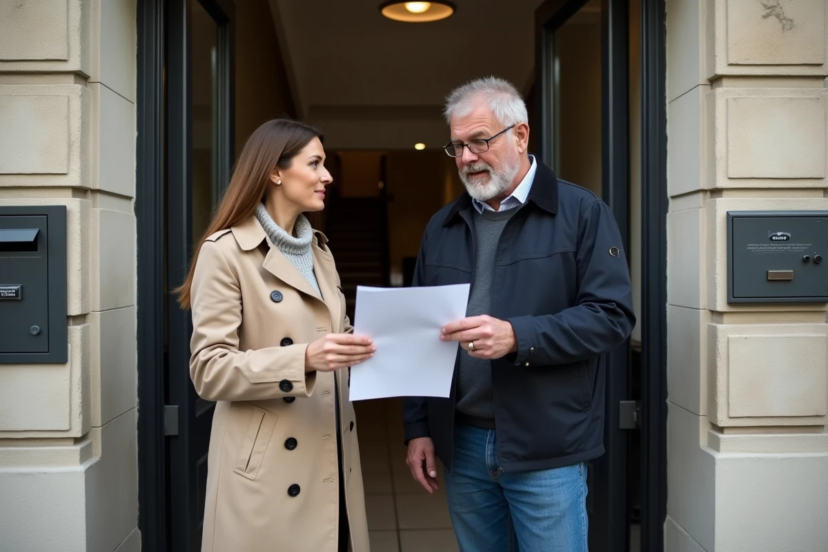 Propriétaire et ancien locataire discutant du remboursement des charges à l'entrée d'un immeuble résidentiel