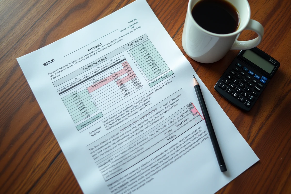 Documents de bail commercial avec indices du coût de la construction et annotations sur une table en chêne