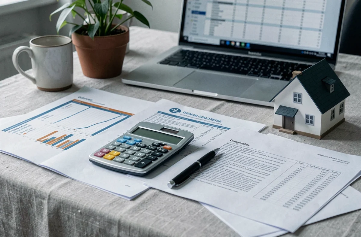 Documents financiers et calculatrice sur un bureau pour simuler un plan de location-vente immobilier