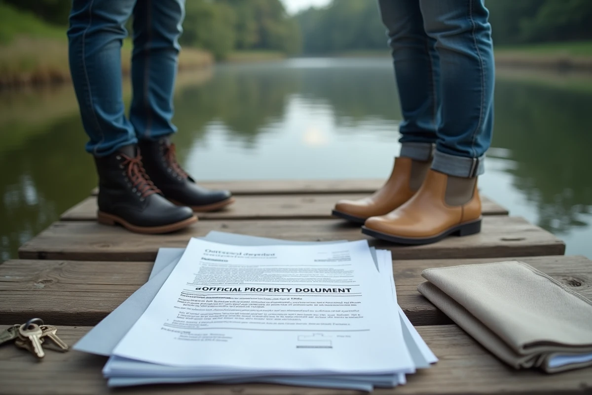 Dossier immobilier et clés posés sur un pont en bois au bord de l