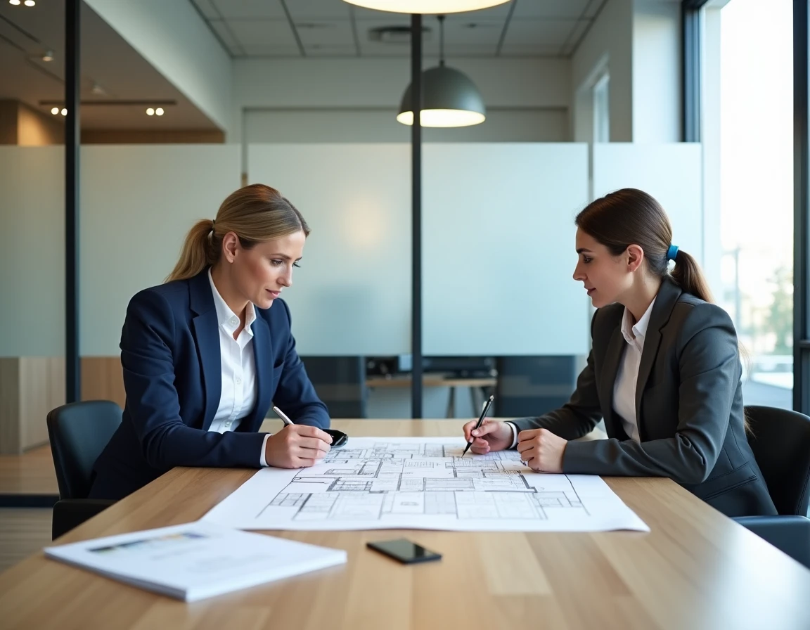 Deux professionnels de la promotion immobilière dans les bureaux d'Edifim à Grenoble, examinant des plans architecturaux d'un programme résidentiel neuf.