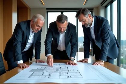 Groupe de professionnels en réunion sur un plan architectural