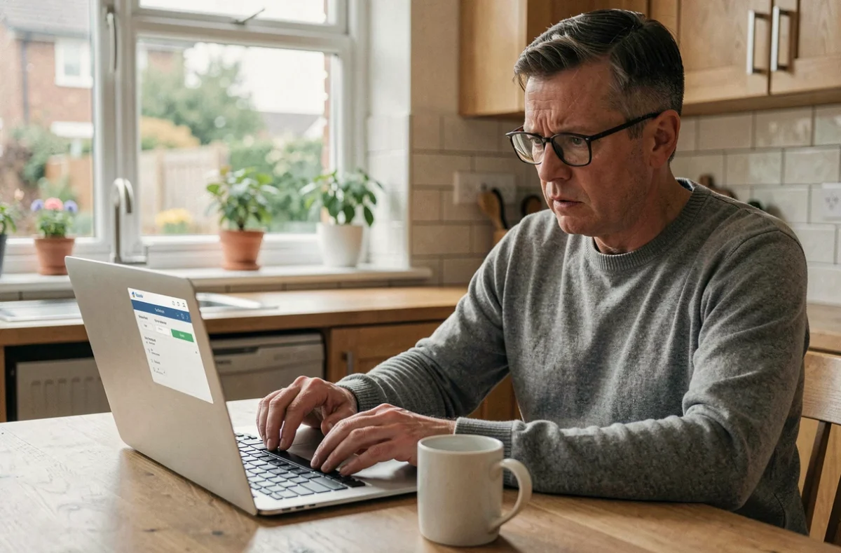Homme consultant un outil d'estimation immobilière en ligne sur ordinateur portable pour une procédure de divorce
