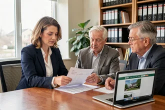 Agent immobilier présentant une estimation gratuite de bien immobilier à un couple lors d'une consultation pour succession
