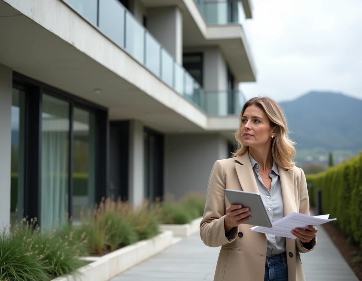 Programme résidentiel neuf d'Evally Promotion en Isère, avec une professionnelle de l'immobilier consultant les plans devant la façade contemporaine.